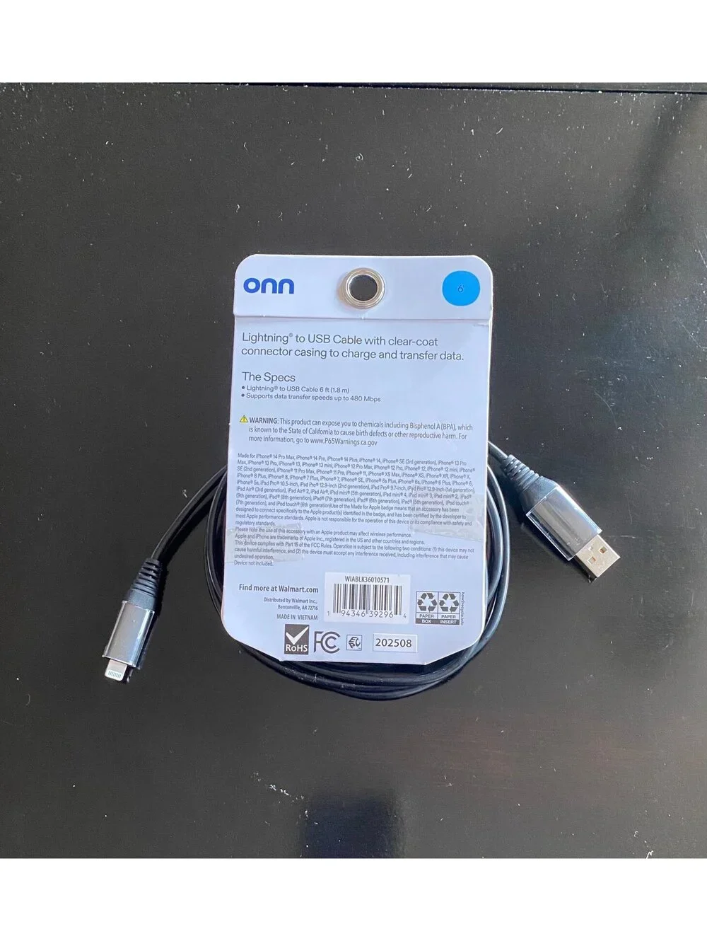 Onn 6ft Lightning to USB Charging Cable Black
